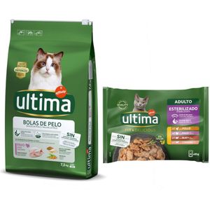 7,5 kg Ultima Cat  48 x 85 g passend natvoer voor een speciale prijs! - Hairball Kalkoen & rijst (7,5 kg)  Vleesselectie (48 x 85 g)
