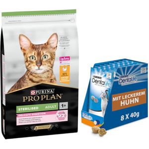 10 kg PURINA PRO PLAN  8 x 40 g Dentalife Dagelijkse tandverzorgingssnacks gratis! - Sterilised Adult Delicate Digestion