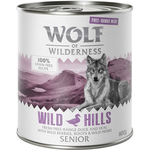 11  1 gratis! Wolf of Wilderness 12 x 800 g - Senior Wild Hills - Vrije uitloop-Eend & -Kalf