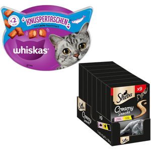 15% Korting! Voordeelverpakking aan snacks van Whiskas en Sheba - 2 x 180 g Whiskas Temptations Zalm  9 x 12 g Sheba Creamy Snacks Kip & Zalm