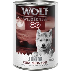 10  2 gratis!  12 x 400 g Wolf of Wilderness - Junior Ruby Midnight - Varken, Rund, Konijn