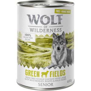 10  2 gratis!  12 x 400 g Wolf of Wilderness - Senior Green Fields - Vrije uitloop-Lam & -Kip