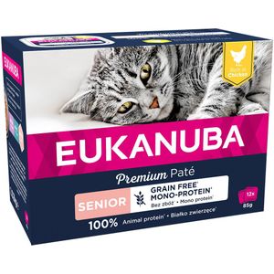 Voordeelverpakking: 24x85g Eukanuba Senior Grain Free Kip Nat Kattenvoer