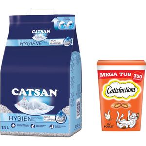 15% Korting! Catsan Hygiëne Plus 18l  2x350g Dreamies Tub - Hygiëne Plus (18 l)  kattensnack Megatub - Kip (2 x 350 g)