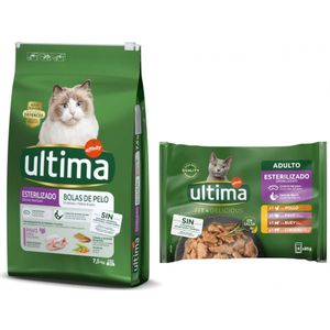 7,5 kg Ultima Cat  48 x 85 g passend natvoer voor een speciale prijs! - Sterilized Hairball (7,5 kg)  Vleesselectie (48 x 85 g)