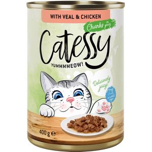 12 x 400 g Catessy Hapjes in Saus of Gelei Kattenvoer voor een speciale prijs! - met Kalf en Kip in Saus