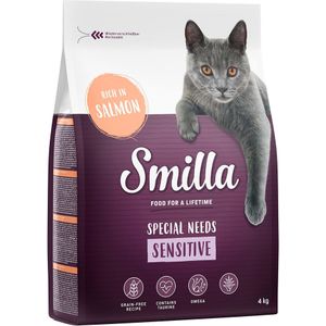 3  1 kg gratis! Smilla Adult Kattenvoer - Adult Sensitive Graanvrij met Zalm (4 kg)