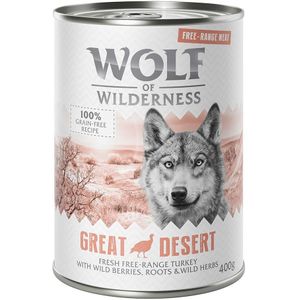 10  2 gratis!  12 x 400 g Wolf of Wilderness - Great Desert - Vrije uitloop-Kalkoen