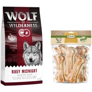 12 kg Wolf of Wilderness Droogvoer  750 g Lukullus Kauwbotten gratis! - Ruby Midnight - Rund & Konijn  Kip Kauwbotten 15cm