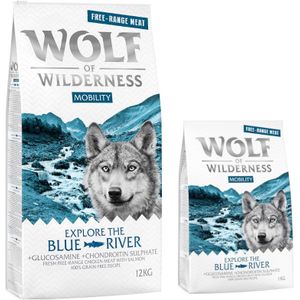 12  2 kg gratis! 14 kg Wolf of Wilderness droogvoer - Mobility ""Explore The Blue River"" - Scharrelkip & Zalm - 12  2 kg gratis! 14 kg
