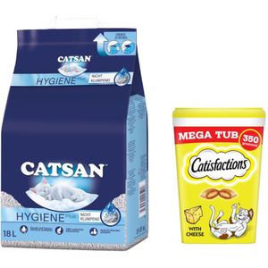 15% Korting! Catsan Hygiëne Plus 18l  2x350g Dreamies Tub - Hygiëne Plus (18 l)  kattensnack Megatub - Kaas (2 x 350 g)