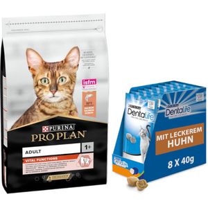 10 kg PURINA PRO PLAN  8 x 40 g Dentalife Dagelijkse tandverzorgingssnacks gratis! - Adult Vital Functions Zalm