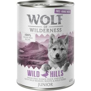 10  2 gratis!  12 x 400 g Wolf of Wilderness - Junior Wild Hills - Vrije uitloop-Eend & -Kalf