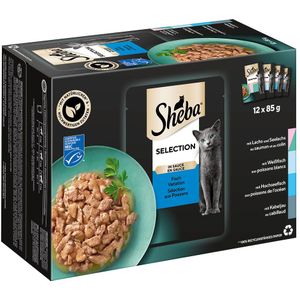 12 x 85 g Multipack Sheba maaltijdzakjes Selectie in Saus (Zalm; Witte Vis; Diepzeevis; Kabeljauw)