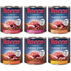 Voordeelpakket: Rocco Classic Pork 24 x 800g Hondenvoer Mix: Rundvlees/lamsvlees, kip/kalkoen, kip/kalfsvlees, rundvlees/pluimveeharten, kip/zalm, rundvlees/kip