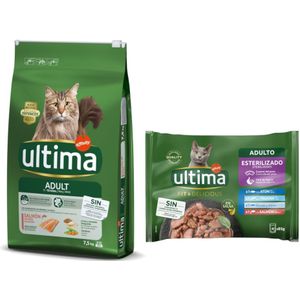 7,5 kg Ultima Cat  48 x 85 g passend natvoer voor een speciale prijs! - Adult Zalm & Rijst (7,5 kg)  Visselectie (48 x 85 g)