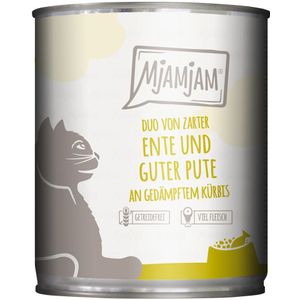 6x 800g MjAMjAM Duo malse eend &amp; goede kalkoen op gestoomde pompoen nat kattenvoer