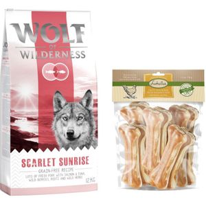 12 kg Wolf of Wilderness Droogvoer  750 g Lukullus Kauwbotten gratis! - Scarlet Sunrise - Zalm & Tonijn  Kip Kauwbotten 15cm