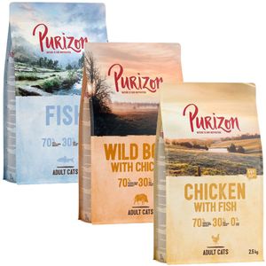 Gemengd Voordeelpakket Purizon 3 x 2,5 kg voor een probeer prijs! - Kip & Vis / Vis / Wild Zwijn & Kip