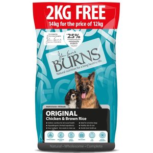 12  2 kg gratis! Burns Adult/Senior Original Kip & Bruine Rijst Hondenvoer - 12 kg  2 kg Gratis!