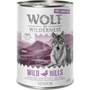 10  2 gratis!  12 x 400 g Wolf of Wilderness - Senior Wild Hills - Vrije uitloop-Eend & -Kalf