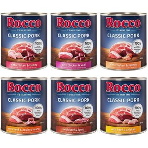 Rocco Classic Pork 6 x 800 g Hondenvoer Mix: Rundvlees/lamsvlees, kip/kalkoen, kip/kalfsvlees, rundvlees/pluimveeharten, kip/zalm, rundvlees/kip