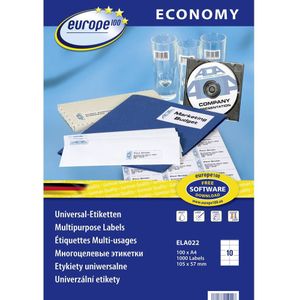Europe 100 ELA022 Universele etiketten 105 x 57 mm Papier Wit 1000 stuk(s) Permanent hechtend Inkjet, Laser (zwart/wit), Laser (kleur), Kopiëren (zwart/wit),