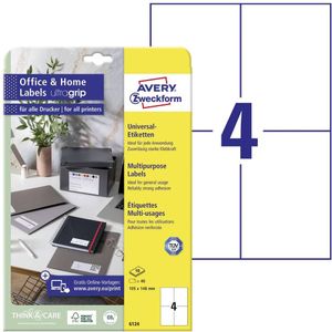 Avery-Zweckform 6124 Universele etiketten 105 x 148 mm Papier Wit 40 stuk(s) Permanent hechtend Inkjet, Laser (zwart/wit), Laser (kleur), Kopiëren (zwart/wit),