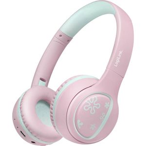 LogiLink BT0073P On Ear headset Bluetooth, Kabel Roze, Lichtblauw Vouwbaar, Volumebegrenzing