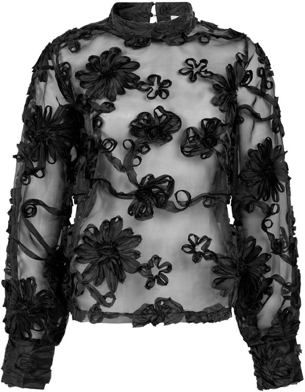 Lucia - Top - Zwart - Transparant Mesh met 3D-bloemen