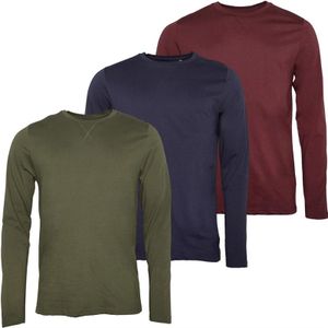 Brave Soul Heren Proefpakket Drie Lange Mouwen Shirts Marineblauw/Khaki/Bordeaux