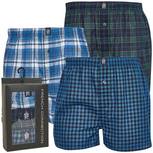 French Connection Heren Drie Pack Geweven Boxers Multi 8 - Blauw Wit Ruit/Marine Groen Ruit/Marine Blauw Ruit