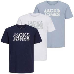 JACK AND JONES Jongens Bloemen Merk Drie Pack T-shirts Wit/Ashley Blauw/Marine Blauw