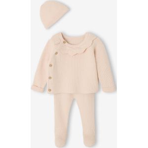 3-delige babyset met gebreid vestje + broek + muts rozen