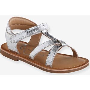 Sandalen met klittenband van leer voor kinderen, kleuterschoolcollectie zilver