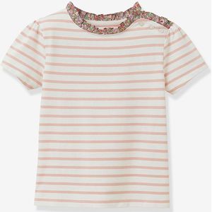 T-shirt met Bretonse strepen voor meisjes, Liberty stof, biologisch katoen CYRILLUS, korte mouwen rozen