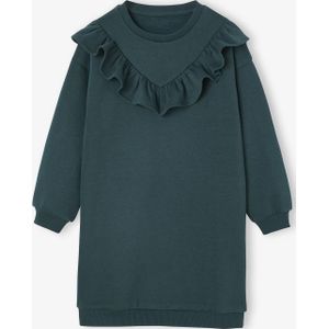 Jurk - Smaragdgroen - Meisjesjurk van Molton - Met Ruche
