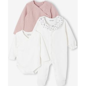 Babypakje 3-delige set in effen tricot vestje + babyslaappakje + body rozen