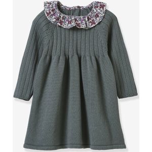 Jurk in gebreide trui met kraag in Liberty stof baby CYRILLUS olijf