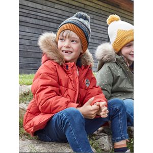 Jongensdonsjack met capuchon gevoerd met fleece van gerecycled polyester oranje