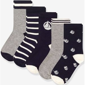 PETIT BATEAU - Kousen - Blauw/Marine/Wit/Mêleegrijs - Katoen - Set van 5 Paar