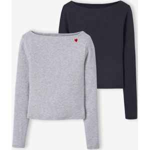 Set van 2 t-shirts in ribstof voor meisjes JONEN gemêleerd grijs