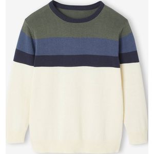 Trui met brede strepen voor jongens in fijn gebreide Oeko-Tex stof saliegroen