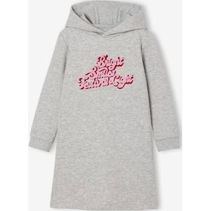 Meisjesjurk van sweatstof met capuchon en mooie details gemêleerd grijs