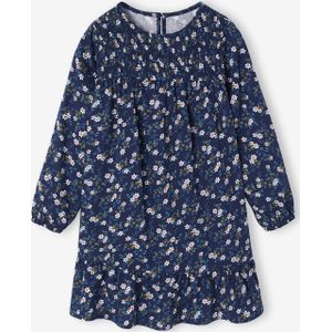 Jurk met smokwerk en bloemmotief met lange mouwen inktblauw