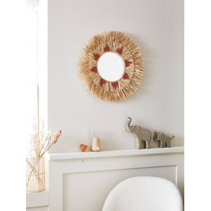 Ronde raffia spiegel beige/roze