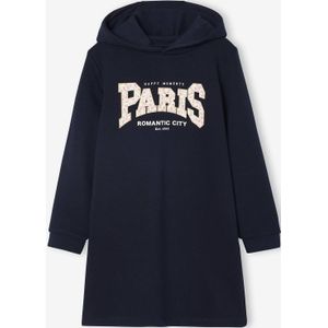 Meisjesjurk van sweatstof met capuchon en mooie details marineblauw