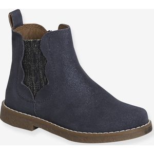 Leren meisjeslaarzen met schulprandjes marineblauw