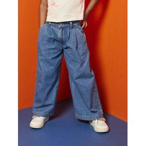 Wijde jeans met plooien voor meisjes middenblauw