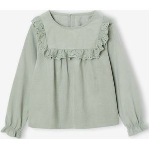 Fluwelen meisjesblouse met ruches en Engels borduursel groengrijs